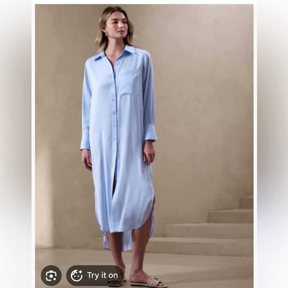 NWT Banana Republic Light Blue Satin Maxi Shirt Dress